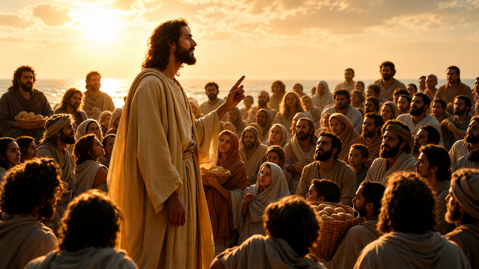 Jesus preaching to a crowd at sunset — symbolizing Gospel Clips' mission to spread the Word